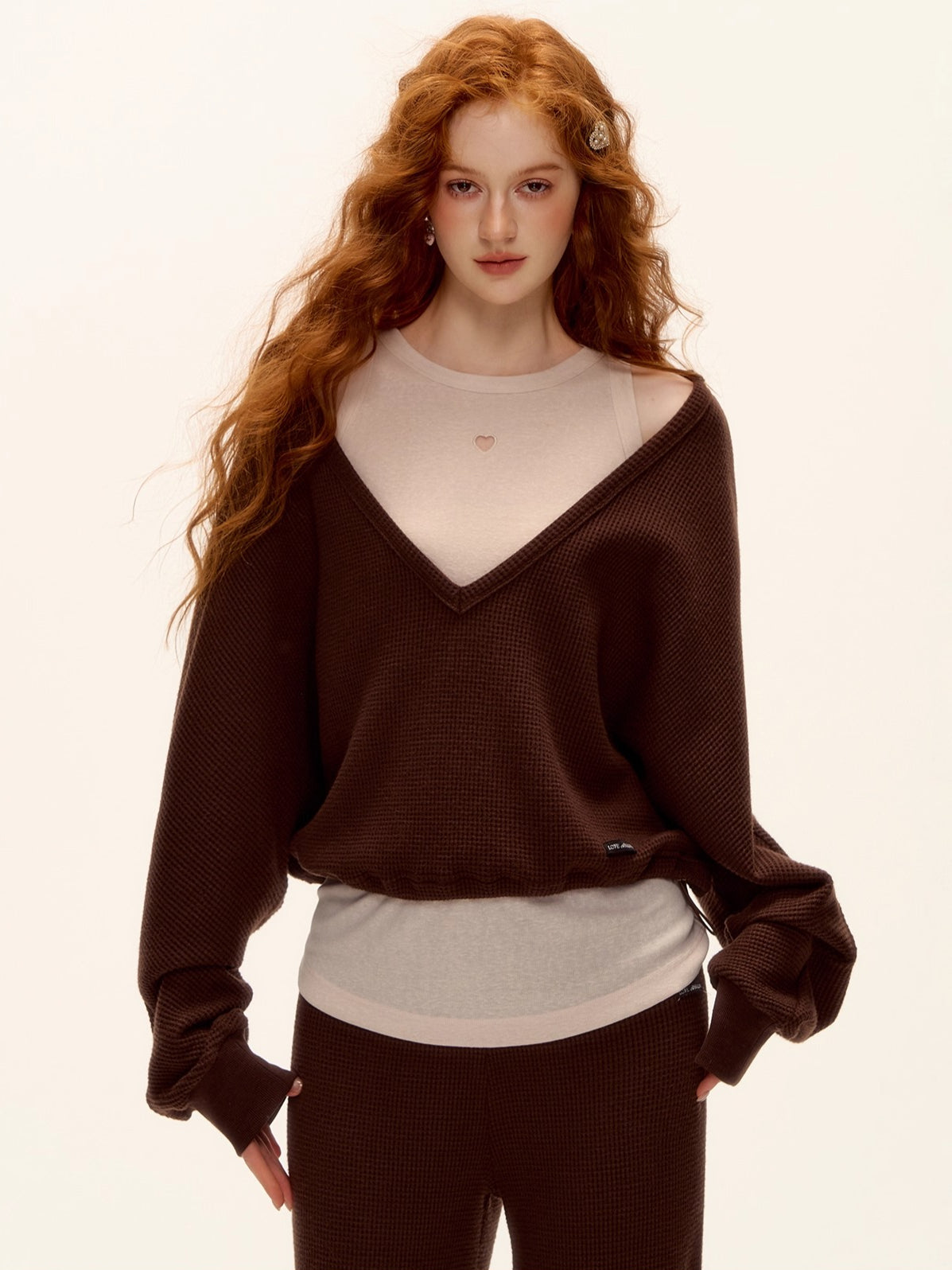 Waffle Knit V-Neck Pullover & Tank Top & Wide-Leg Pants Set