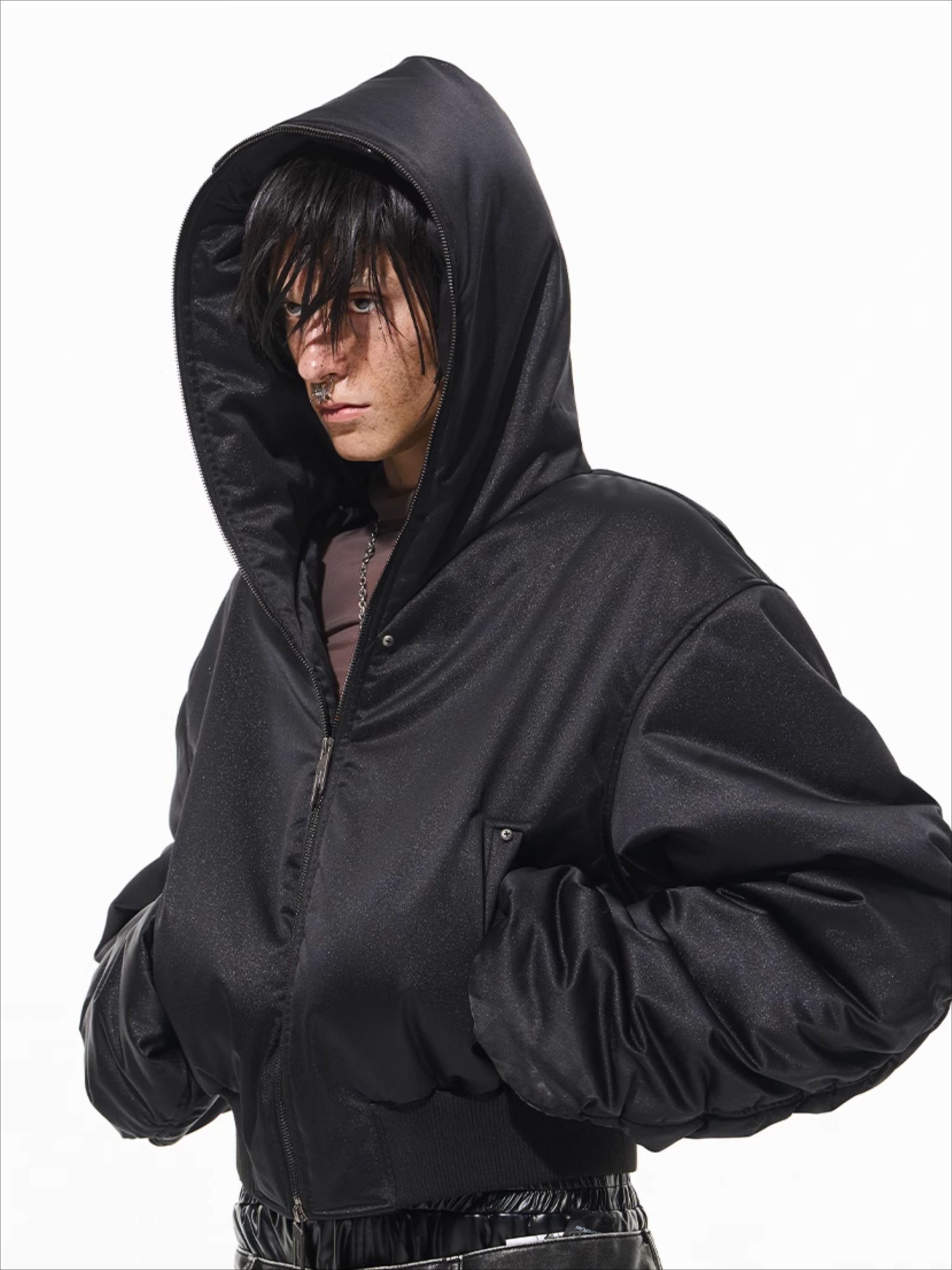 (Final Sale) Black Hooded Shimmer Logo Studded Puffer Jacket - CHINASQUAD