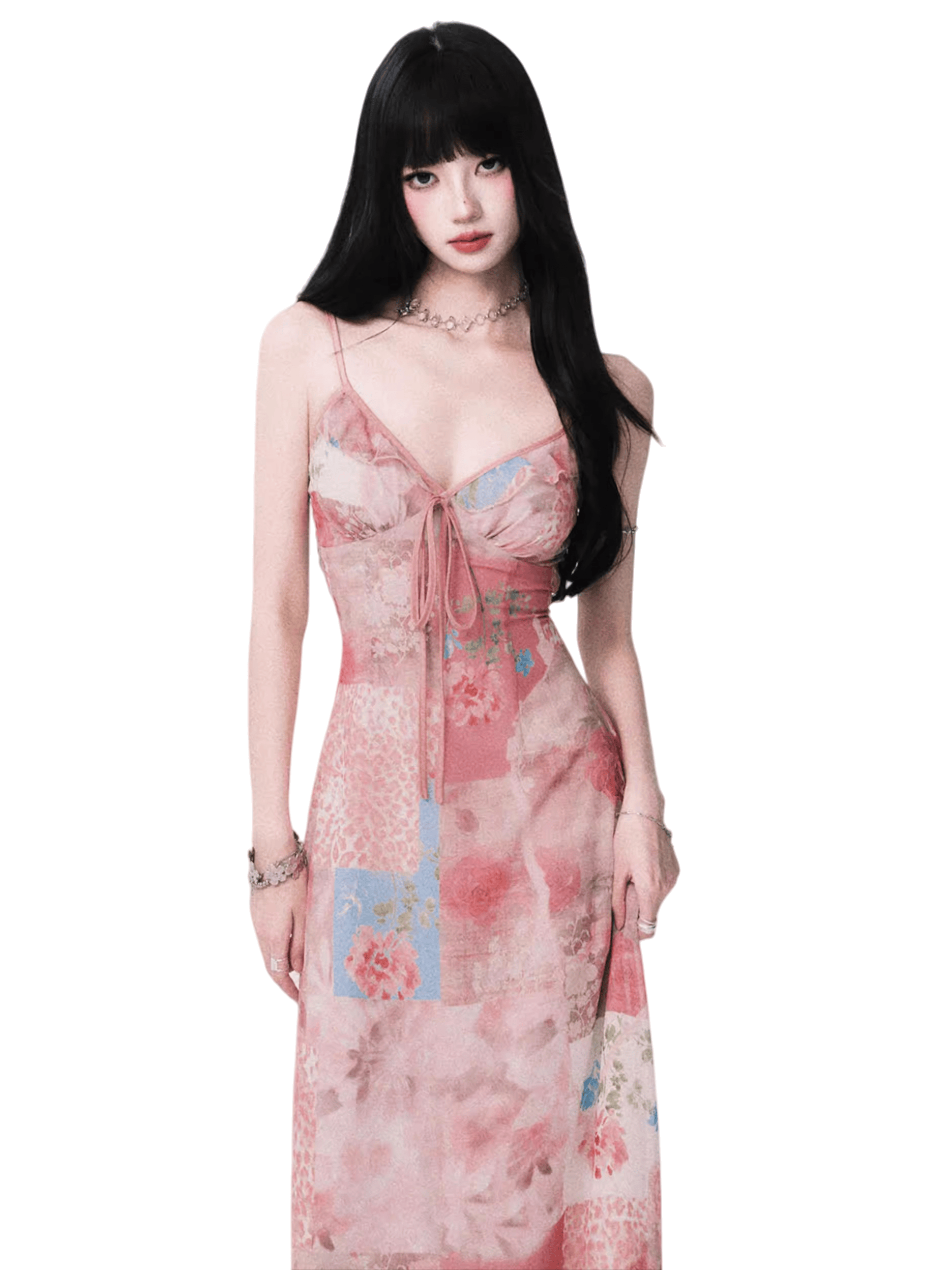 Floral V-Neck Spliced Print Slip Dress