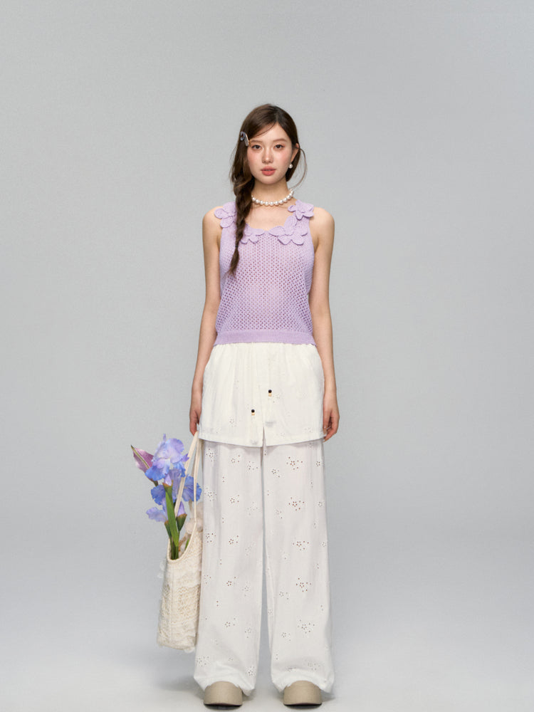 Hollow-Out Fauk Two Piece High-Waist Pants