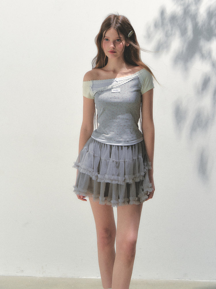 Off-shoulder Fake Three-piece Asymmetric Shoulder T - shirt - CHINASQUAD