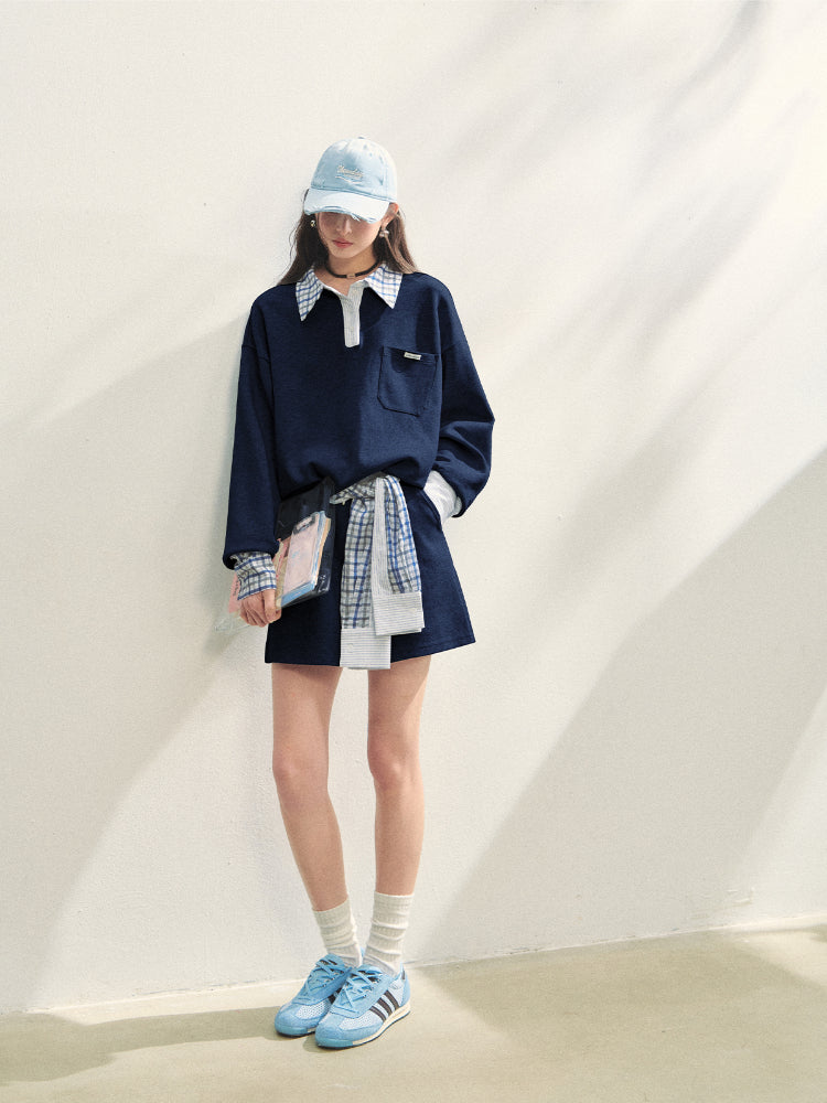 Fake Two-Piece Checkered Shirt Panel Sweatshirt - CHINASQUAD