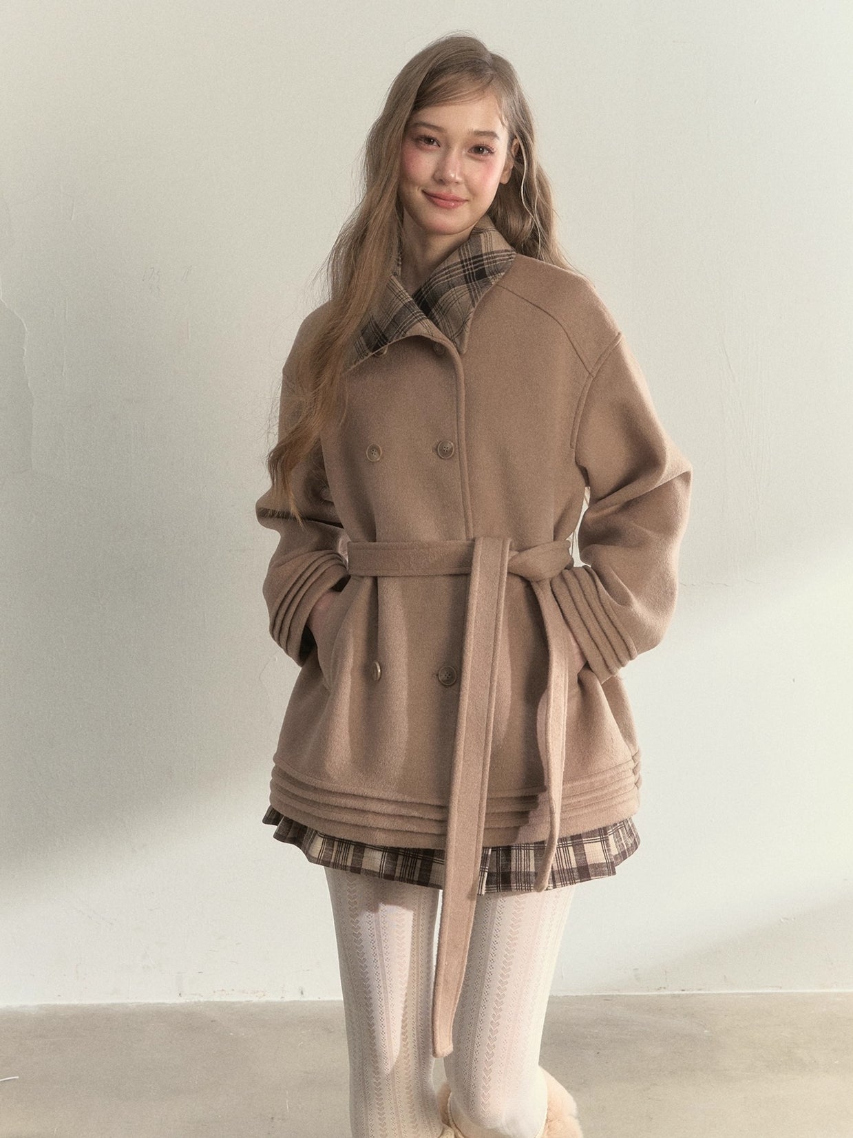 Khaki & Misty Pink Plaid Collar & Belt Wool Coat