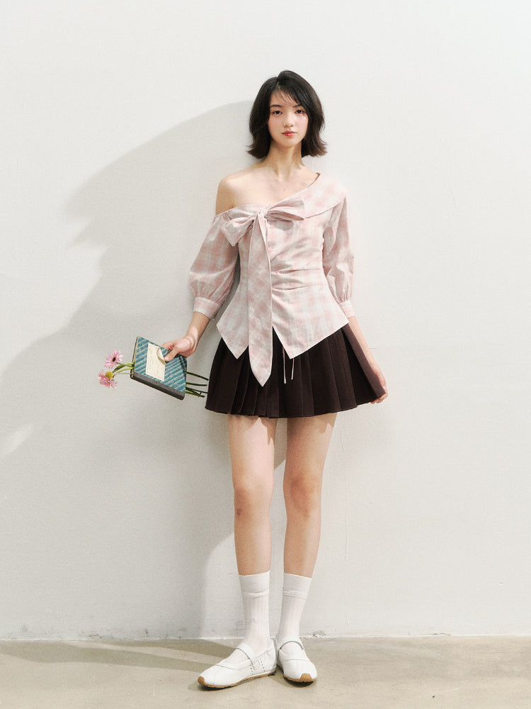 Checkered Bow One-Shoulder Asymmetric Waist-Cinching Shirt - CHINASQUAD