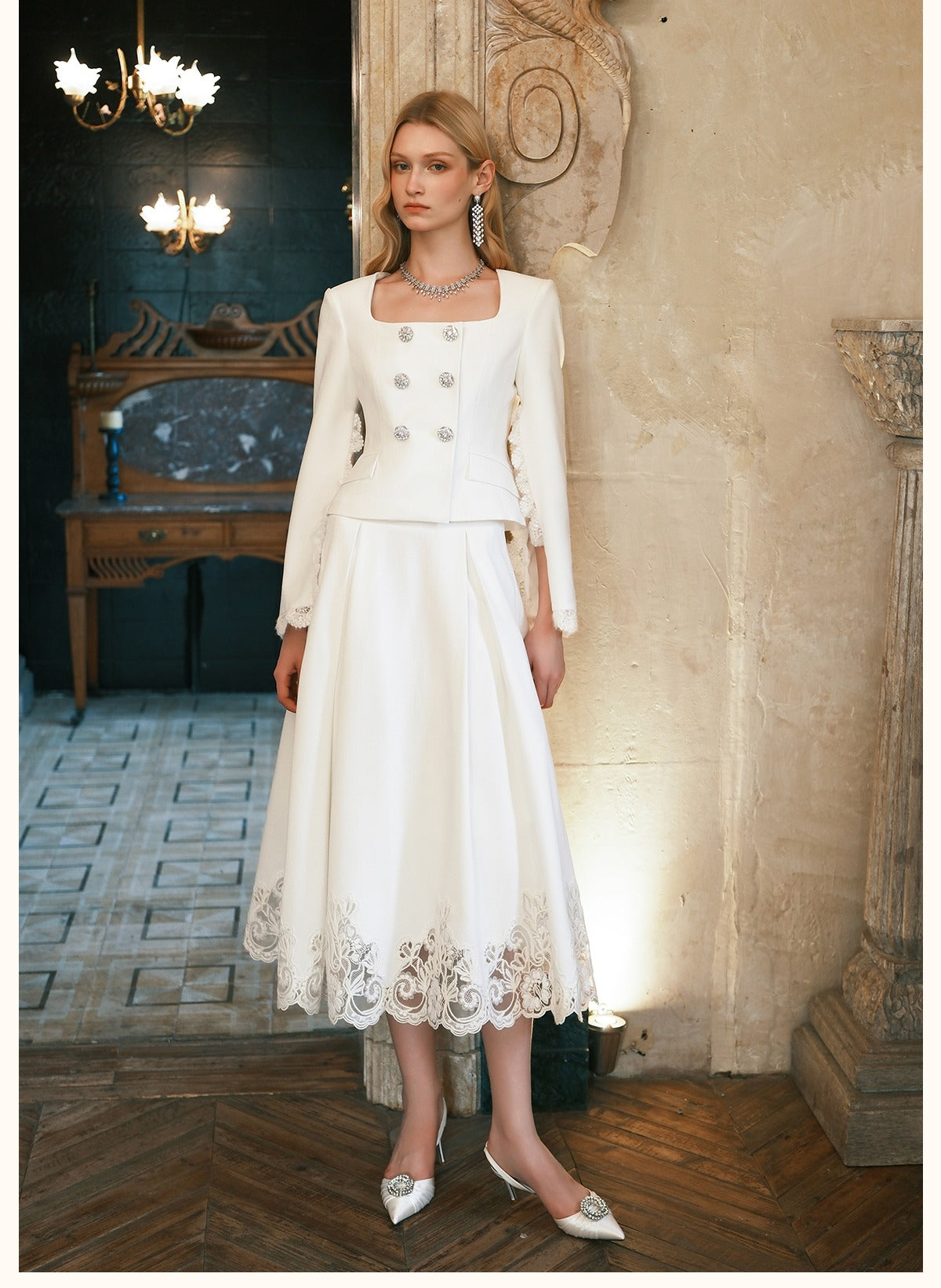 Mirage Vintage Lace-Collar Blazer & Flared Skirt Set - CHINASQUAD