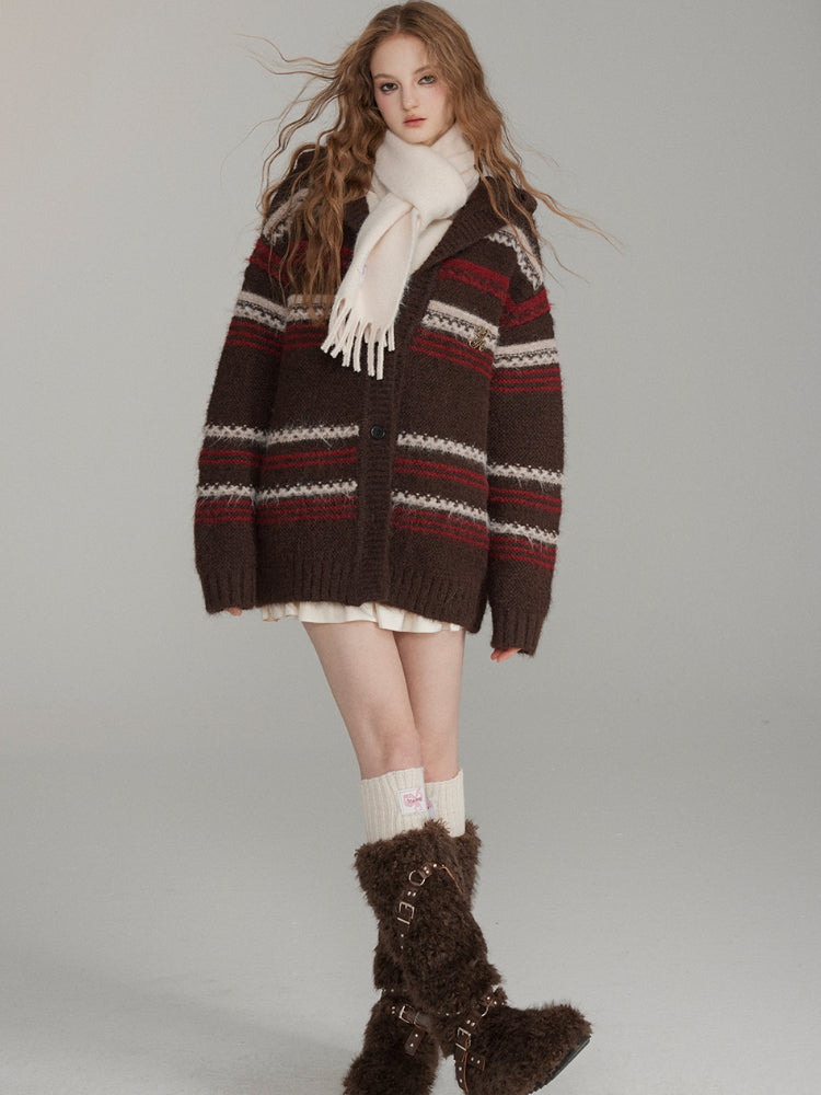 Striped Hooded Knit Cardigan - CHINASQUAD