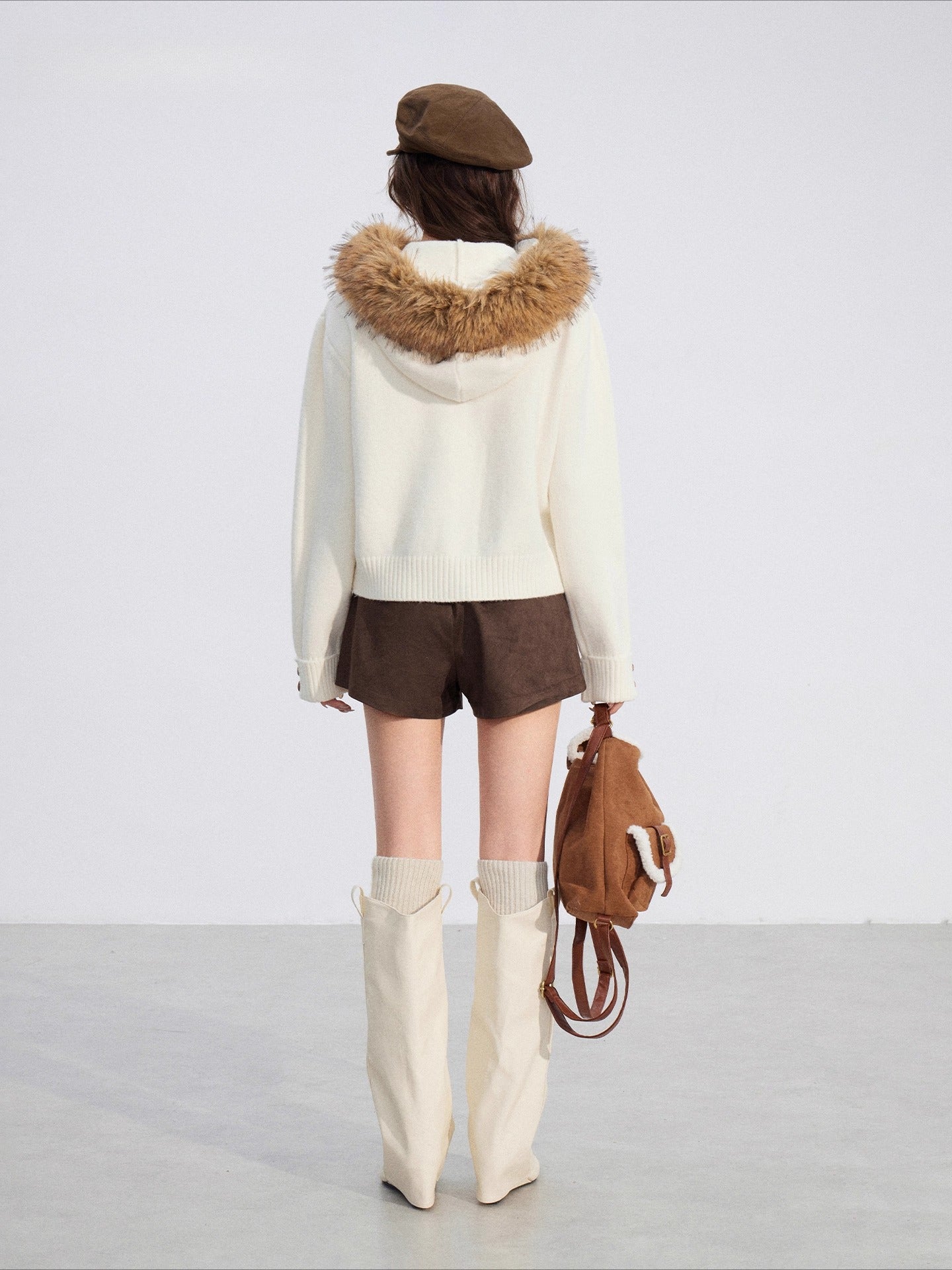 Detachable-Fur Cable-Knit Hoodie
