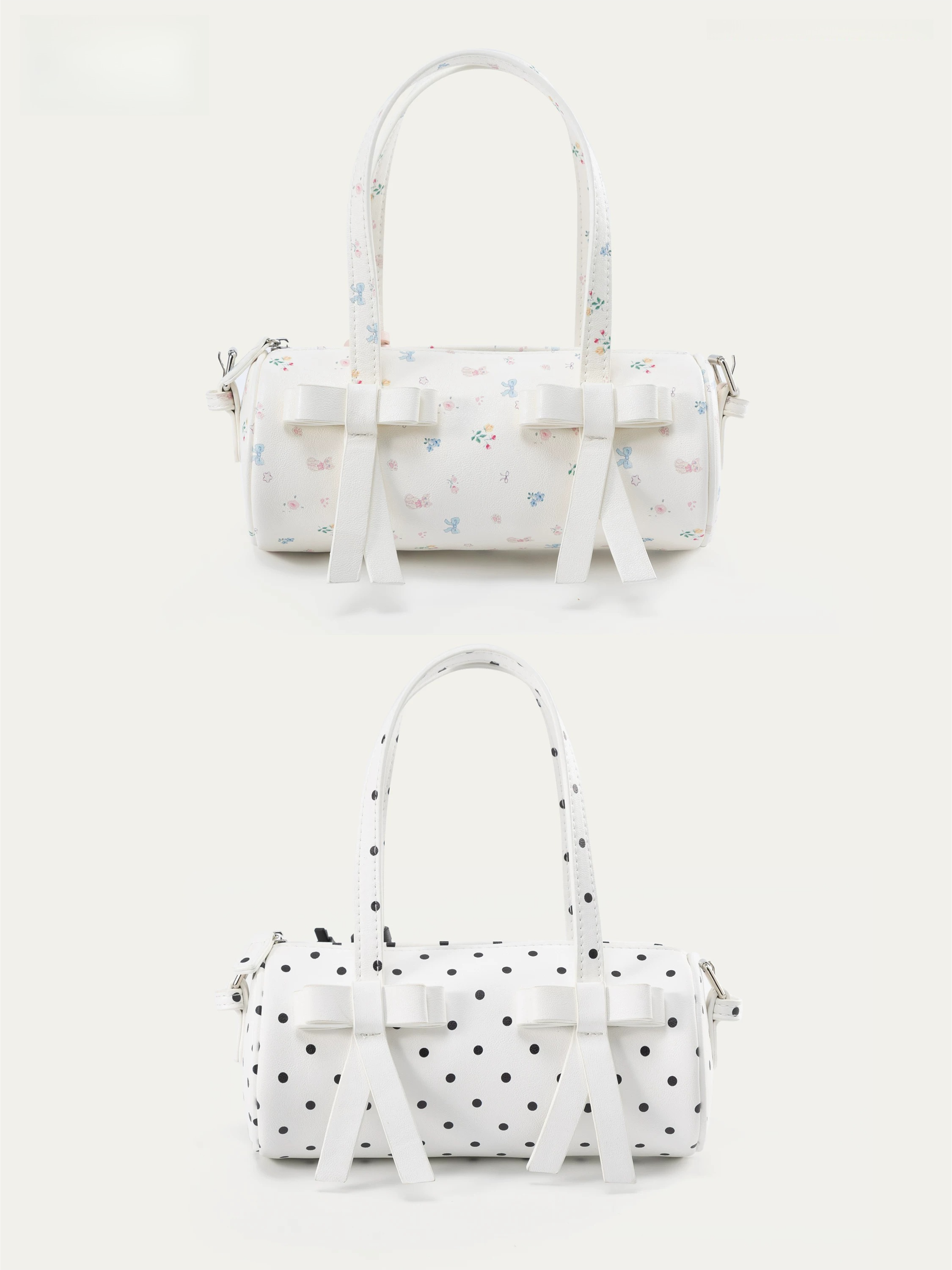 Bow-Accent Polka Dot & Floral Barrel Bag