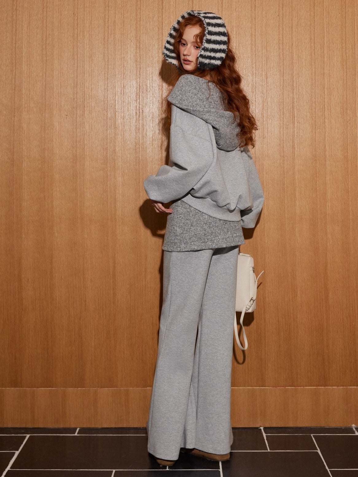 Grey Off-Shoulder Sweatshirt & Flared Pants Two-Piece Set