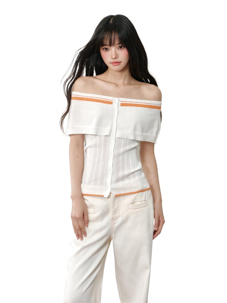 Color-block Off-shoulder Poncho-style Knit T-shirt - CHINASQUAD