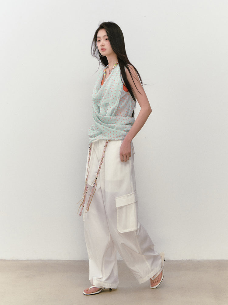 Wide-Leg Beaded Cargo Large Pockets Pants - CHINASQUAD