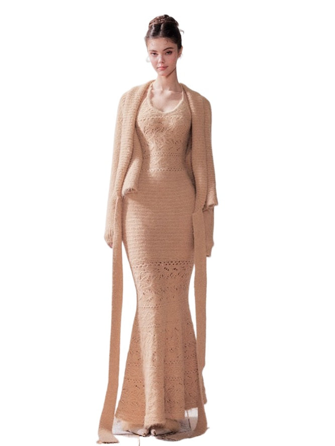 YZZIHE Amber Glow Knit Cardigan & Mermaid Dress Set Dresses(Pre-sale) / M