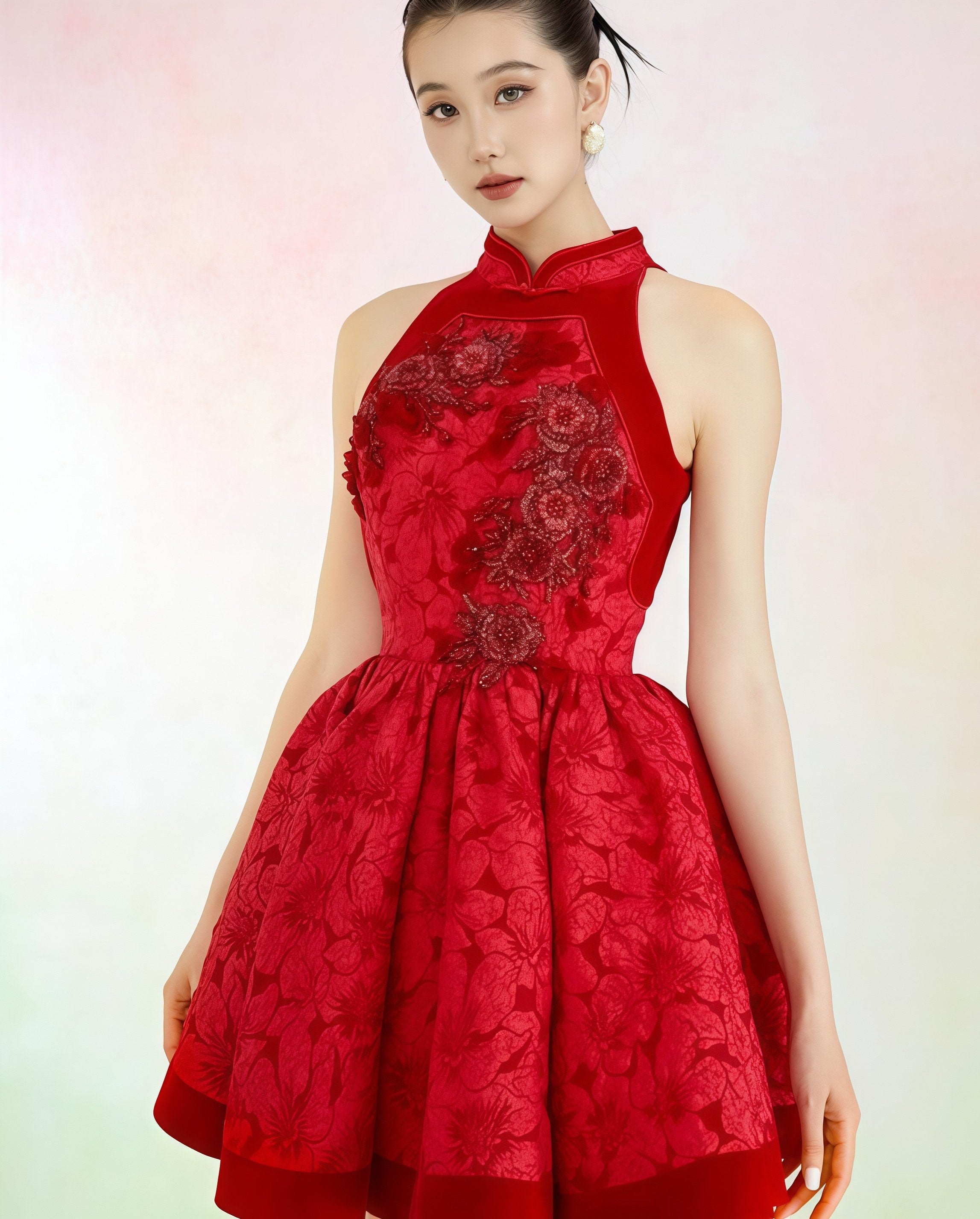 Red Embroidered Halter Flare Mini Dress