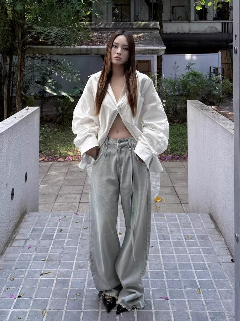 Embroidered Panel Oversized Cotton Shirt