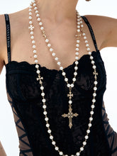 Double-Layered Pearl Fleur-de-Lis Cross Long Necklace - CHINASQUAD