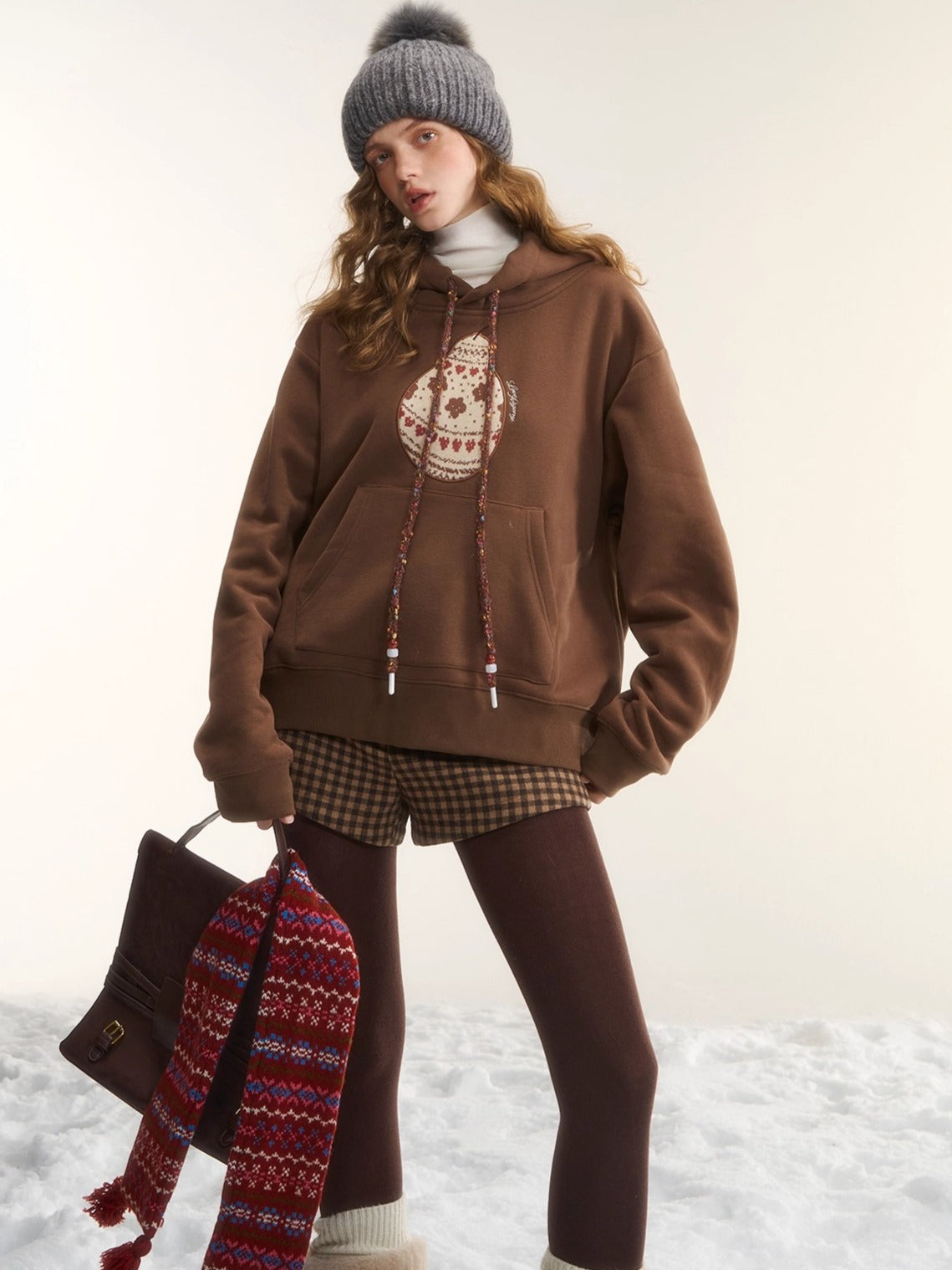 Brushed Fair Isle Knit Hooded Sweatshirt