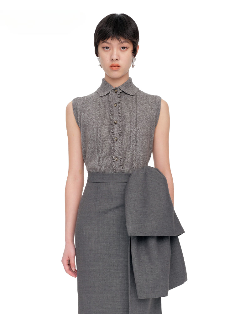 Collared Knit Tank Top Cardigan - CHINASQUAD