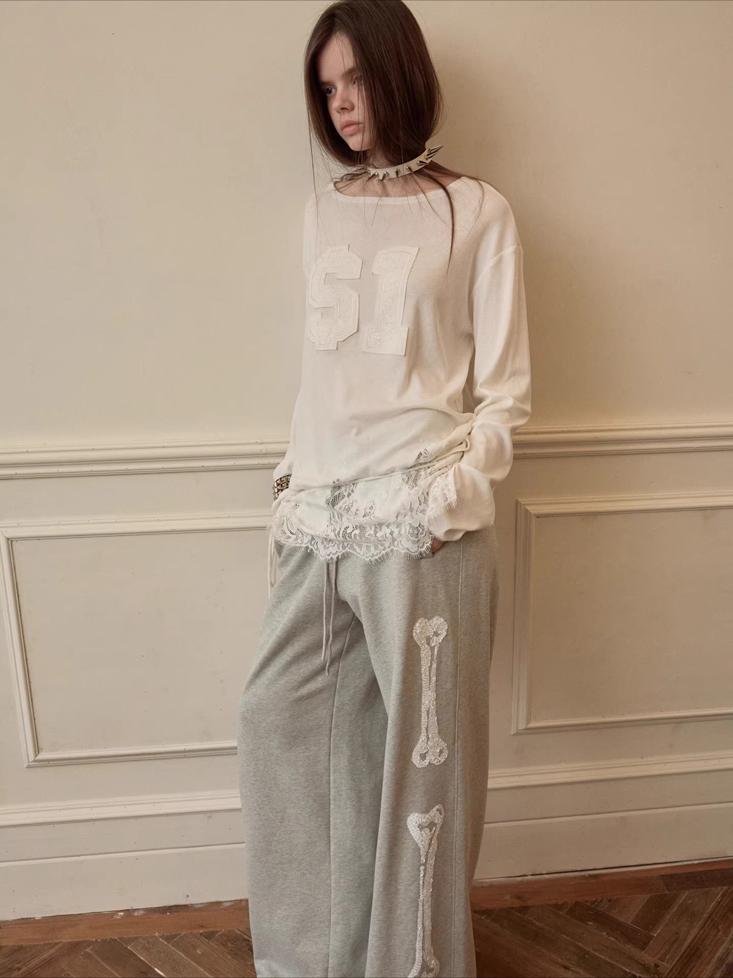 Lace-Hem Drawstring Long-Sleeve T-Shirt