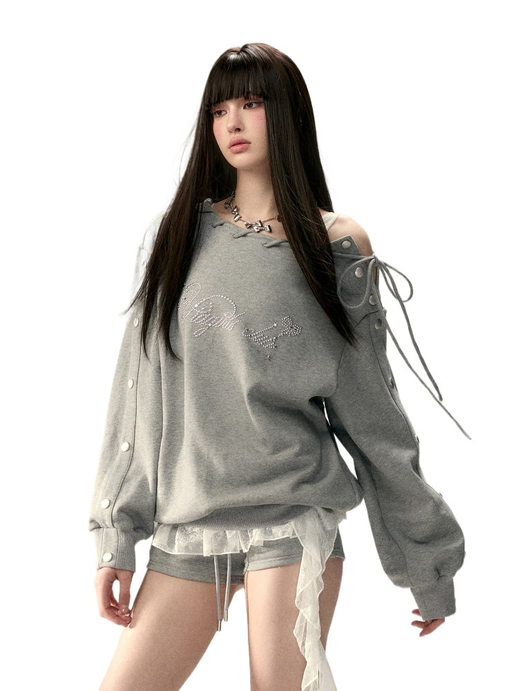 Button-Off-Shoulder Sweatshirt - CHINASQUAD