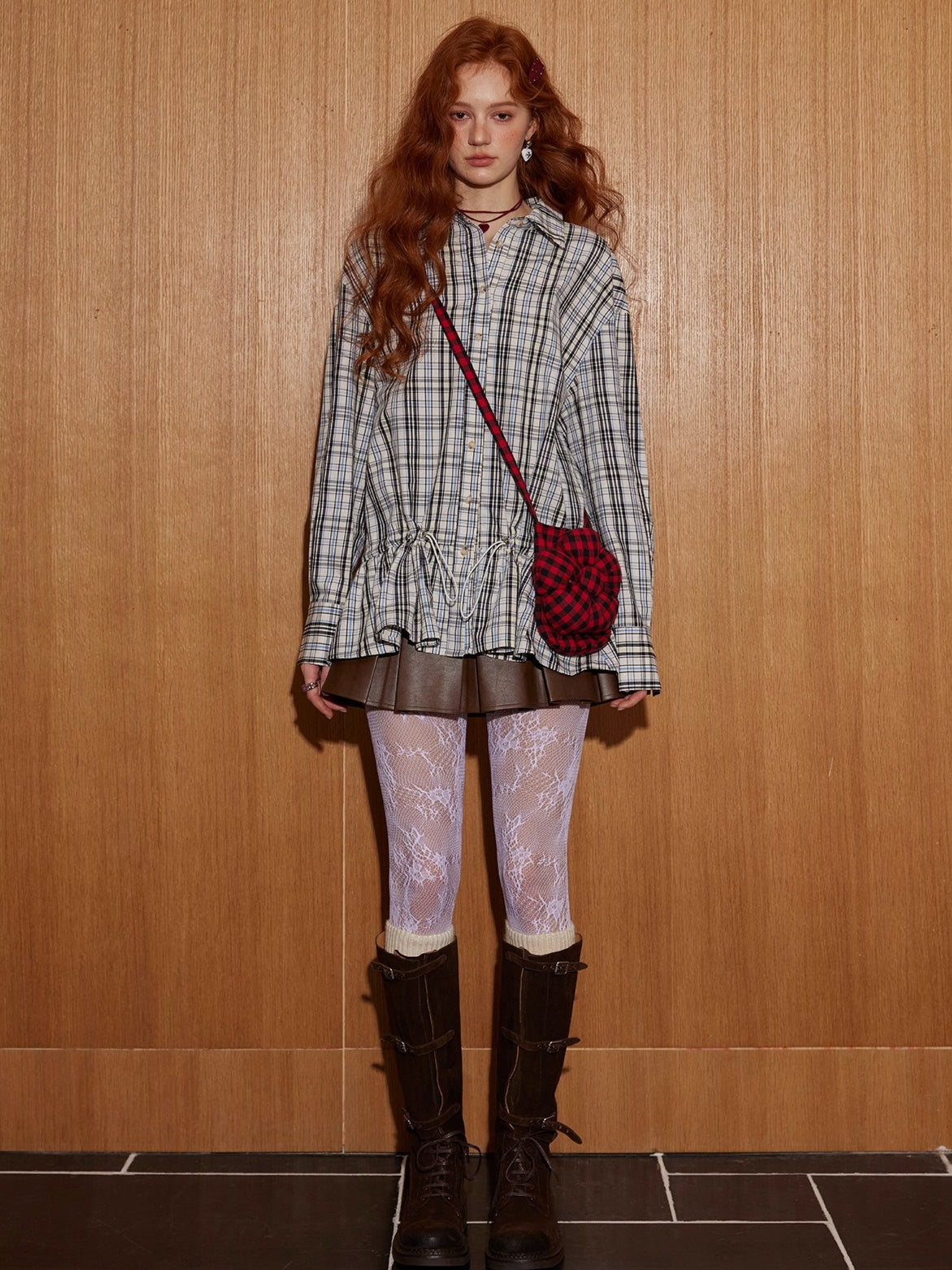 Plaid Panel Button-Down Long Shirt Dress - CHINASQUAD