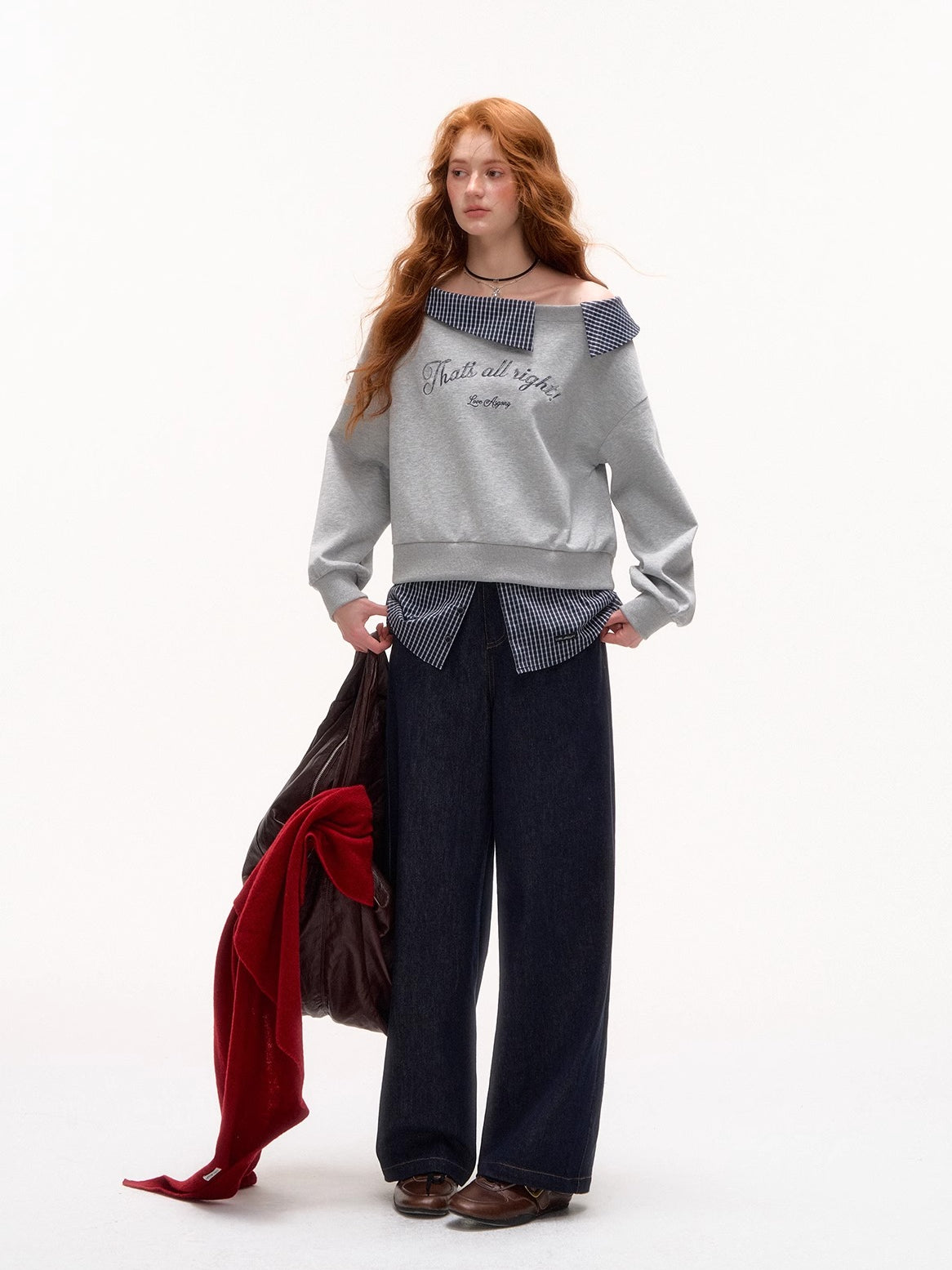 Off-Shoulder Plaid Patchwork Embroidered Sweatshirt - CHINASQUAD