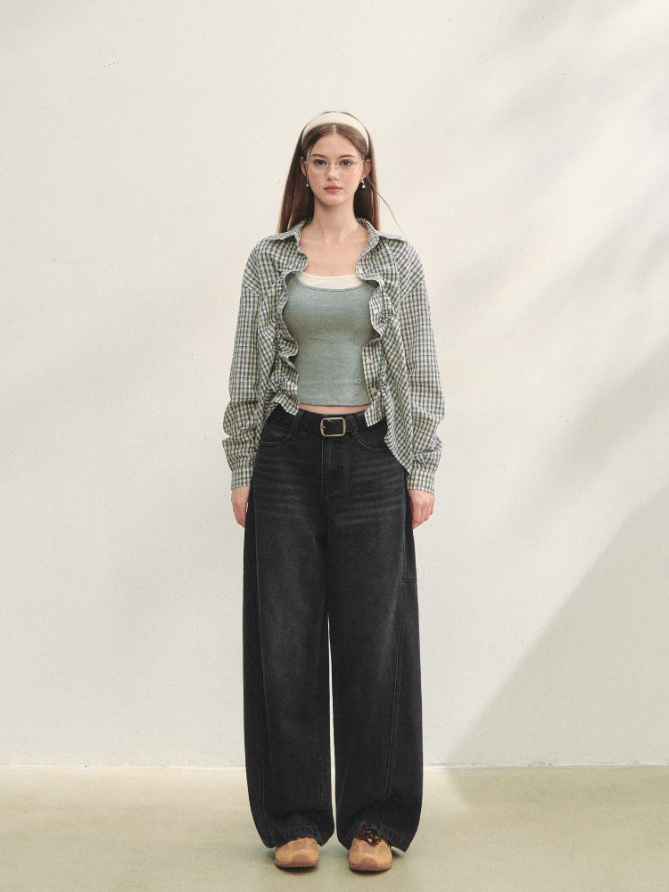 Checkered Contrast Hem Drawstring Pleated Shirt - CHINASQUAD