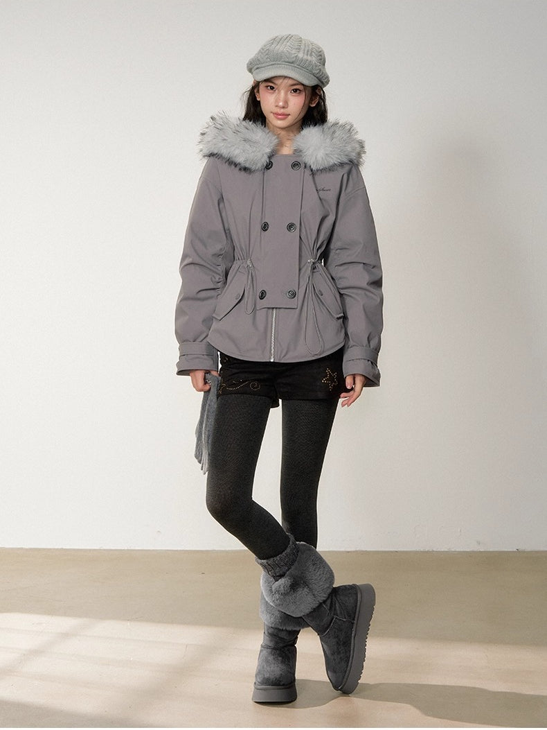 Faux Fur Collar Double-Breasted Down Parka Jacket - CHINASQUAD