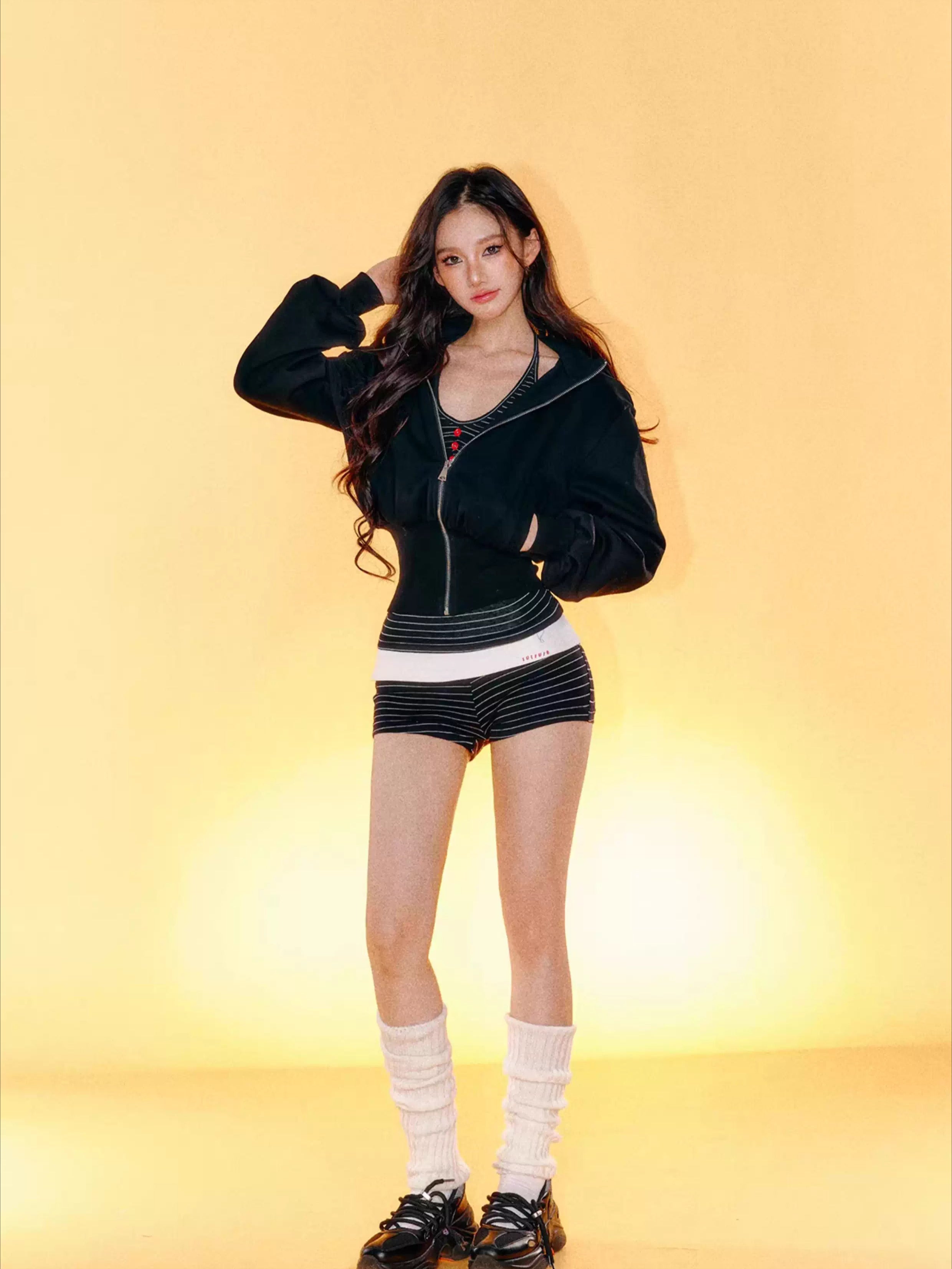 Hoodie Top Striped Inner Cami & Shorts Set