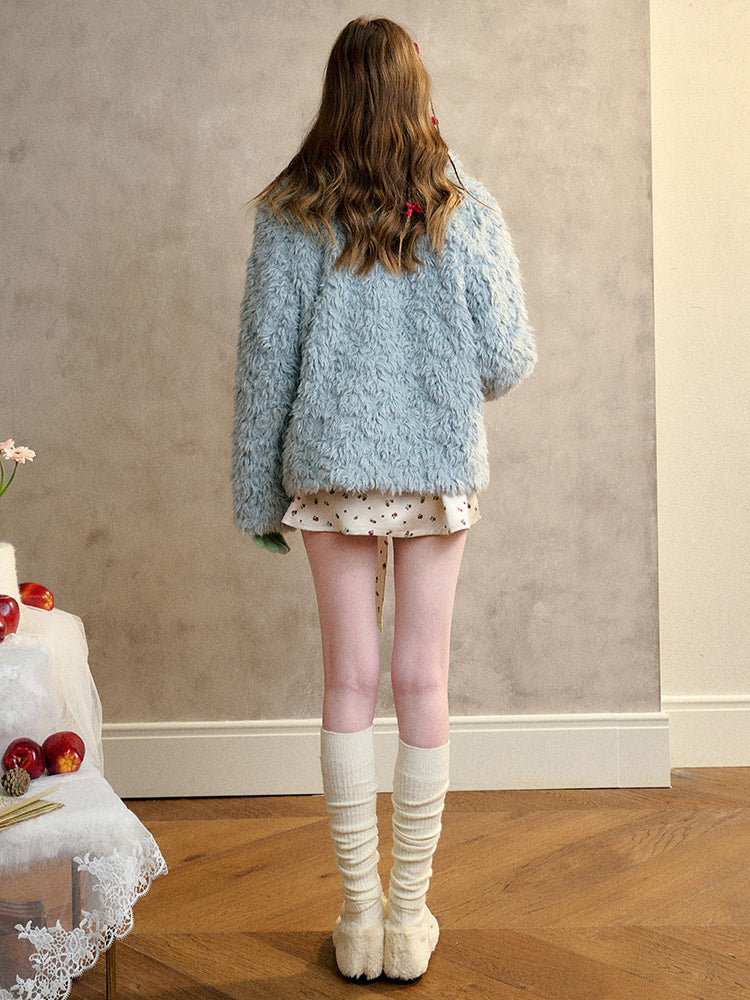 Cream Strawberry Gray-Blue Fur Jacket - CHINASQUAD