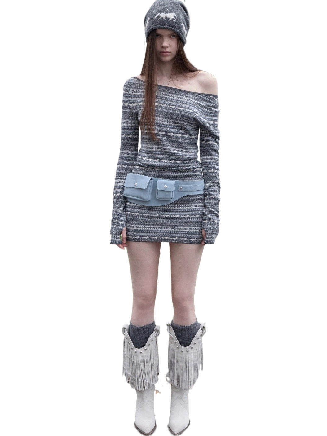 Fair Isle Off-Shoulder Jacquard Knit Dress