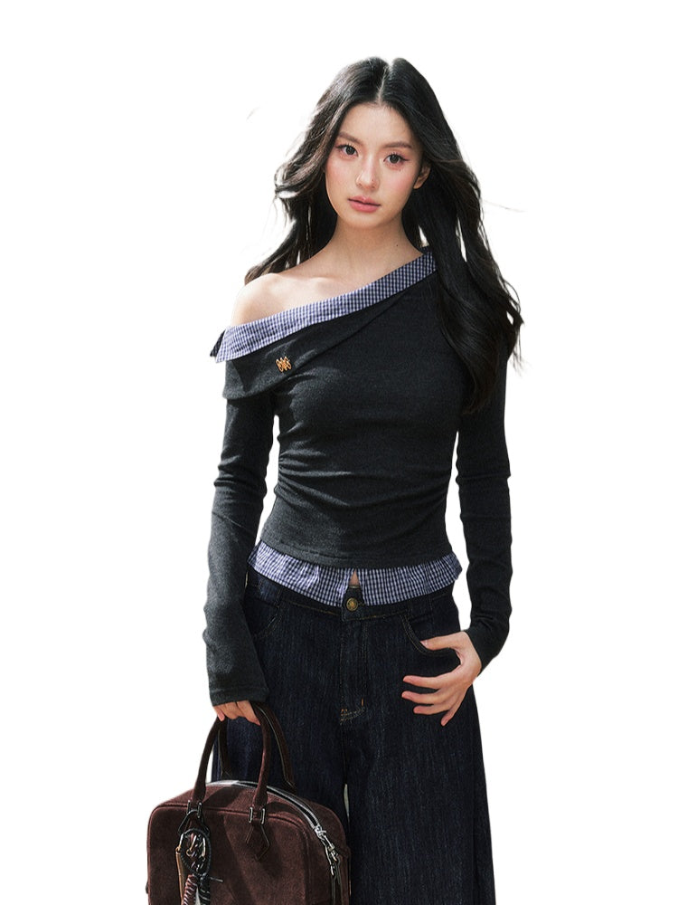 Off-Shoulder Plaid Patchwork Blouse - CHINASQUAD