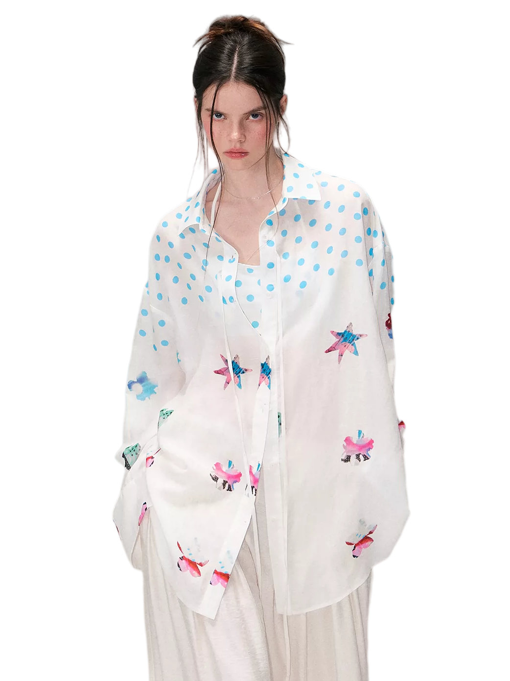 Vintage Contrast Polka Dot Silk-Linen Relaxed Shirt with Halterneck Top