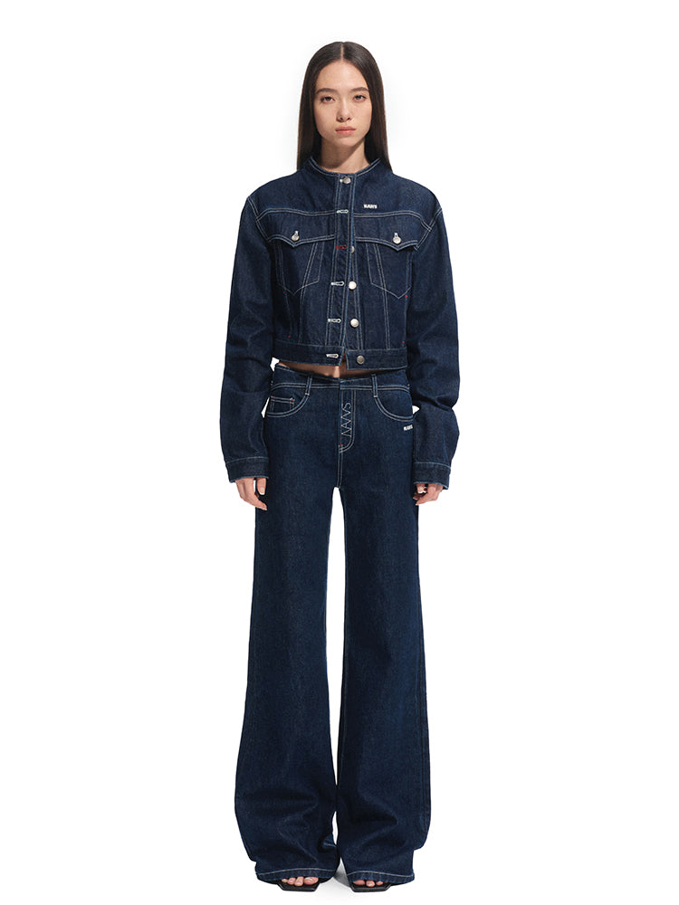 Denim Stand-Collar Regular Shoulder Cropped Jacket - CHINASQUAD