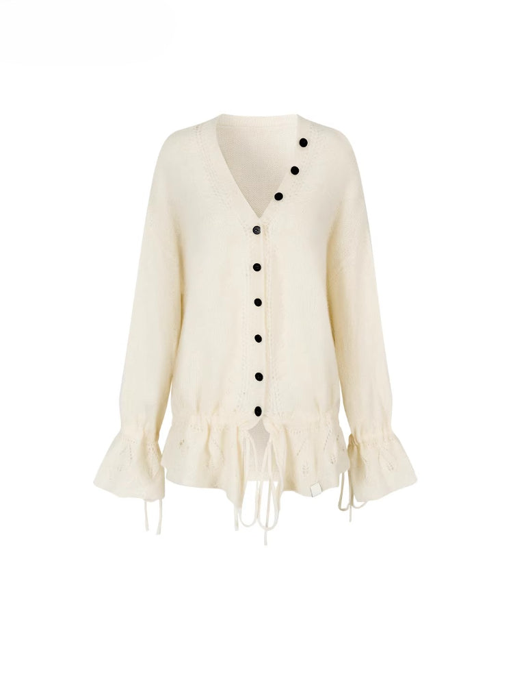 Drawstring Openwork Wool Knit Cardigan