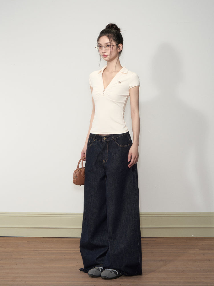 Pleated Checkered Polo V-Neck T-shirt - CHINASQUAD