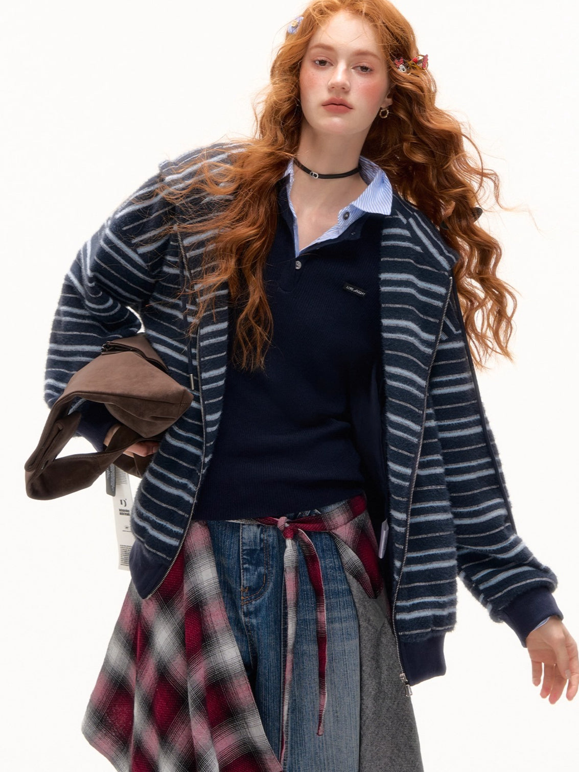 Striped Plush Cat-Ear Zip-up Hoodie - CHINASQUAD