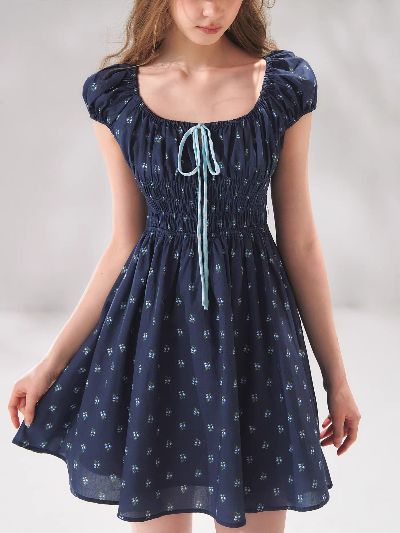 French Floral Tie-Waist Square Neck Puff Sleeve Dress