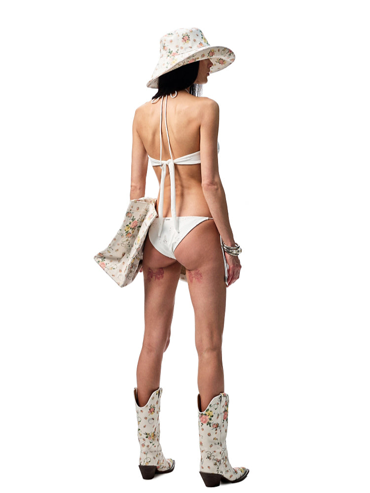 White Jacquard Halter-Tie Bikini