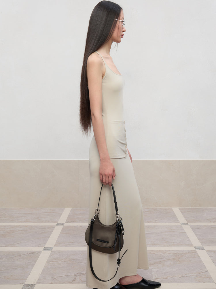 Deep U-Neck Button-Strapped Dress
