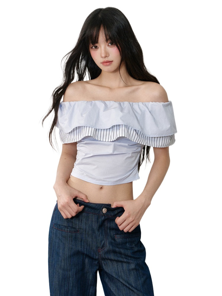 Color-block Stripe Wave Off-shoulder T-shirt - CHINASQUAD