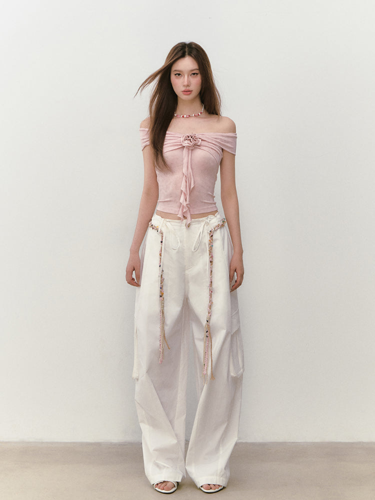 Wide-Leg Beaded Cargo Large Pockets Pants - CHINASQUAD