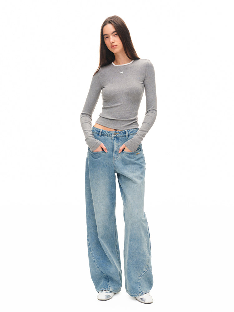 Contrast-trim Regular-shoulder Long-Sleeve T-shirt - CHINASQUAD