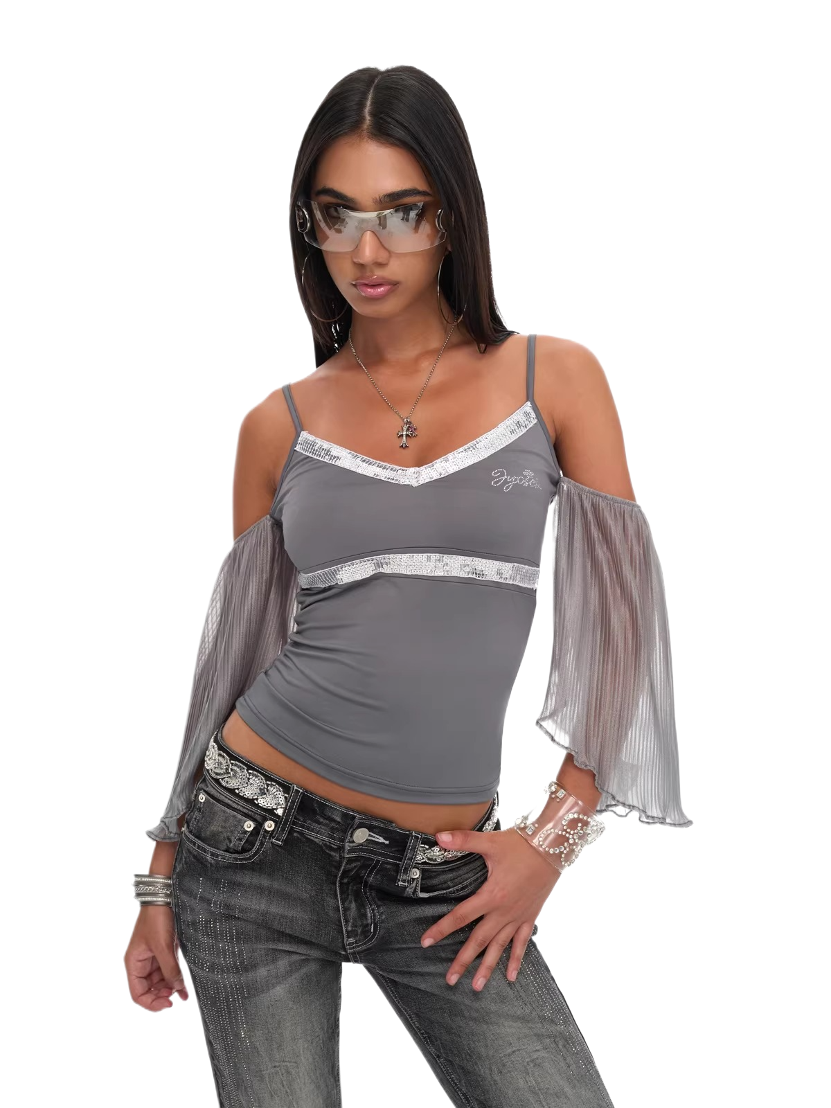 Grey Sequin-Trim V-Neck Pleated Sleeve Camisole