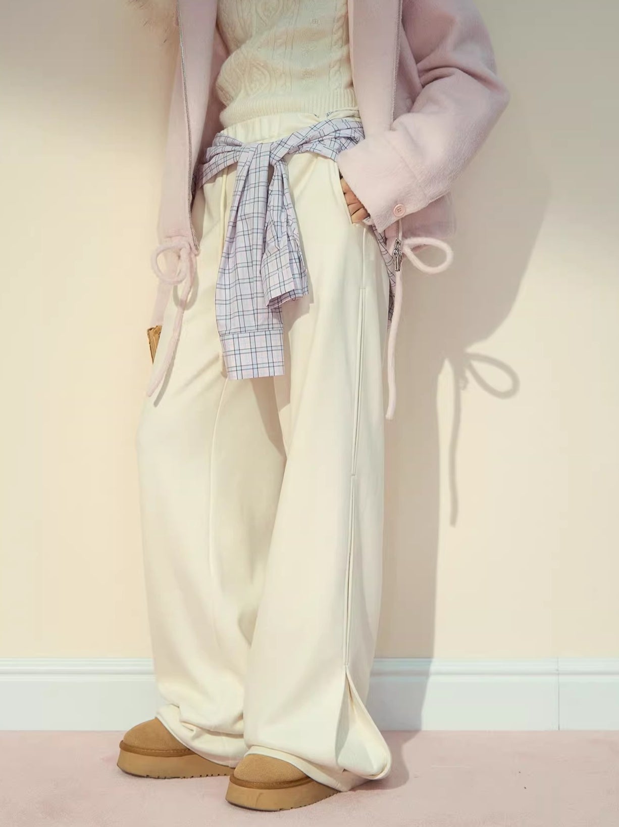 Plaid-Waist Straight Wool Trousers - CHINASQUAD