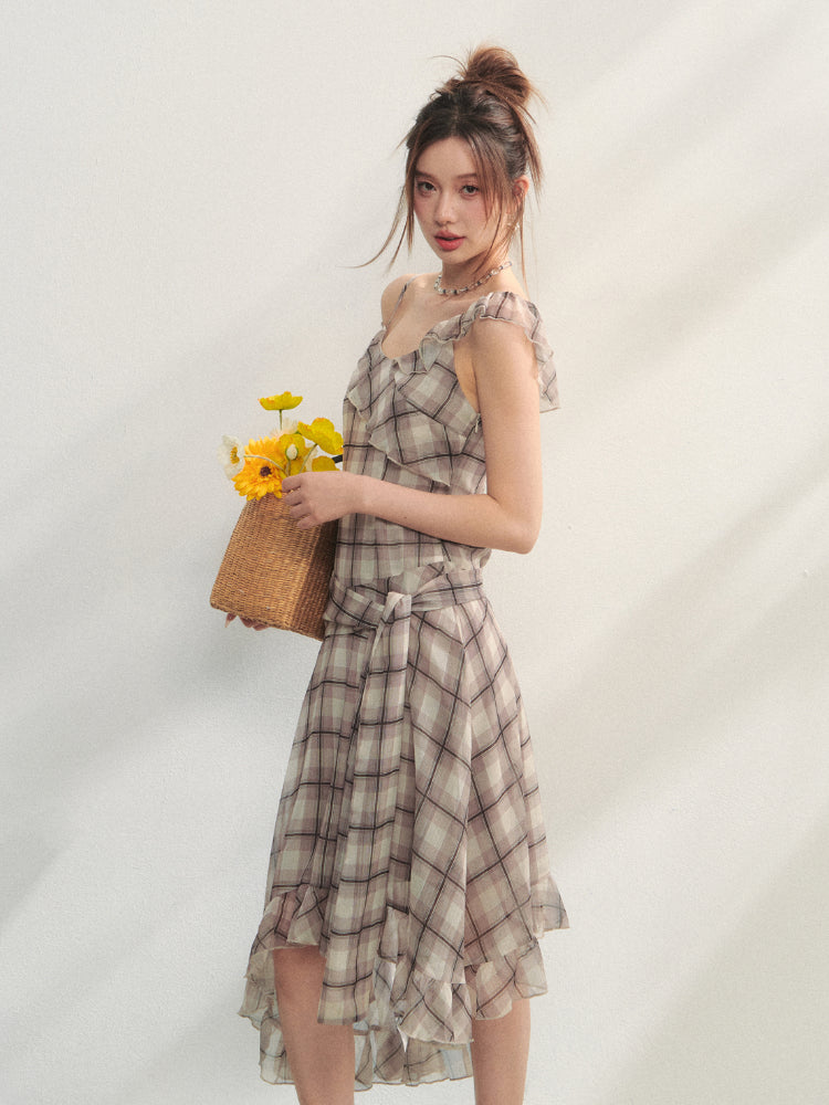 Checkered Print Asymmetrical Slip Dress - CHINASQUAD
