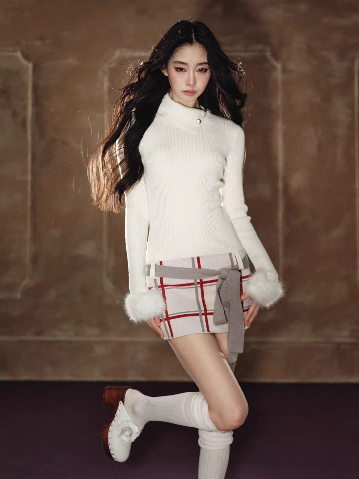 Faux-Fur Turtleneck Belted Slim-Fit Dress