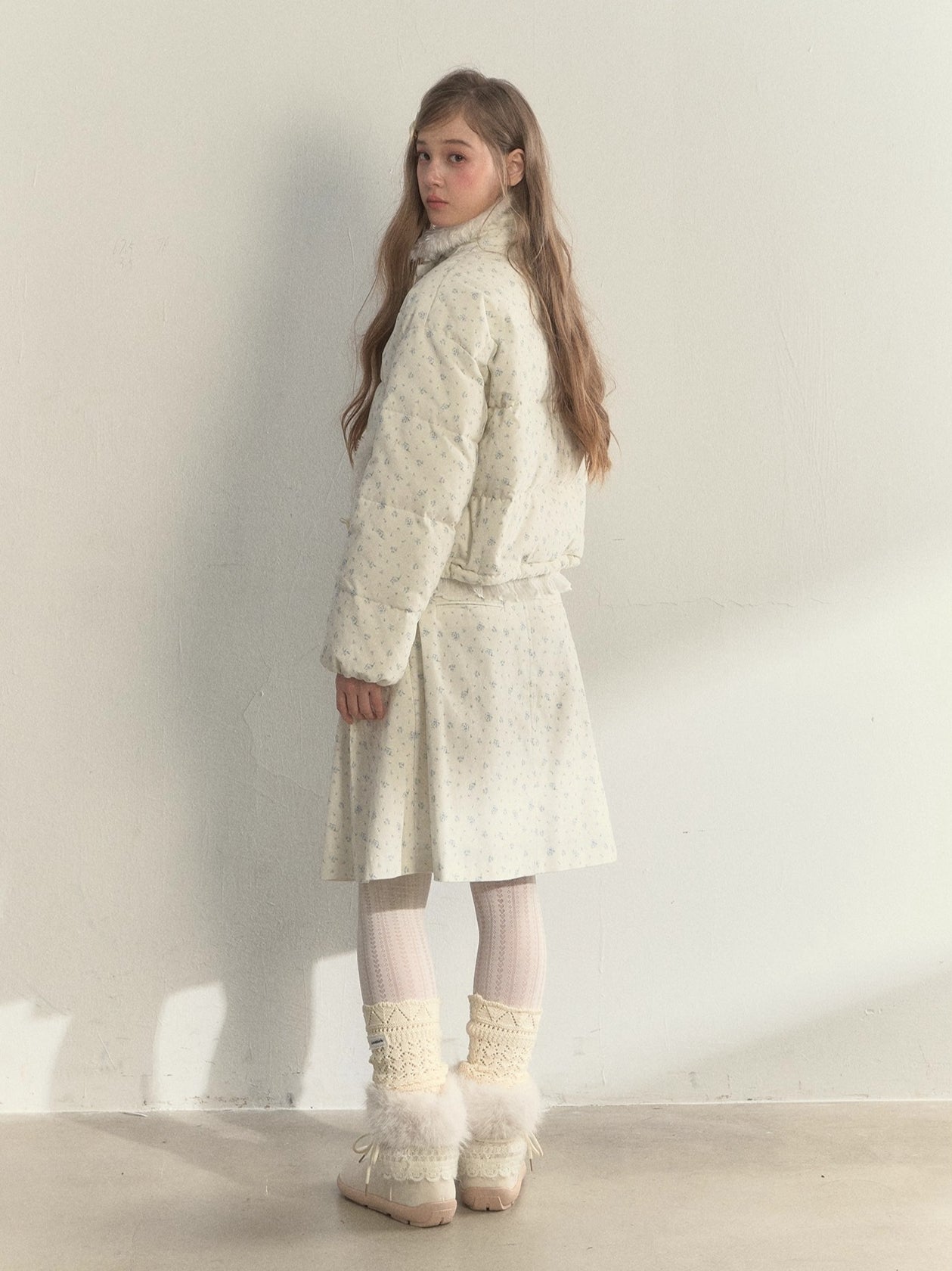 Floral Corduroy Puffer Jacket & Pleated Skirt Set