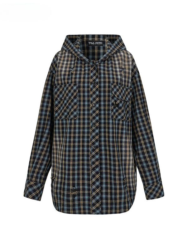 Washed Vintage Plaid Hooded Shirt - CHINASQUAD