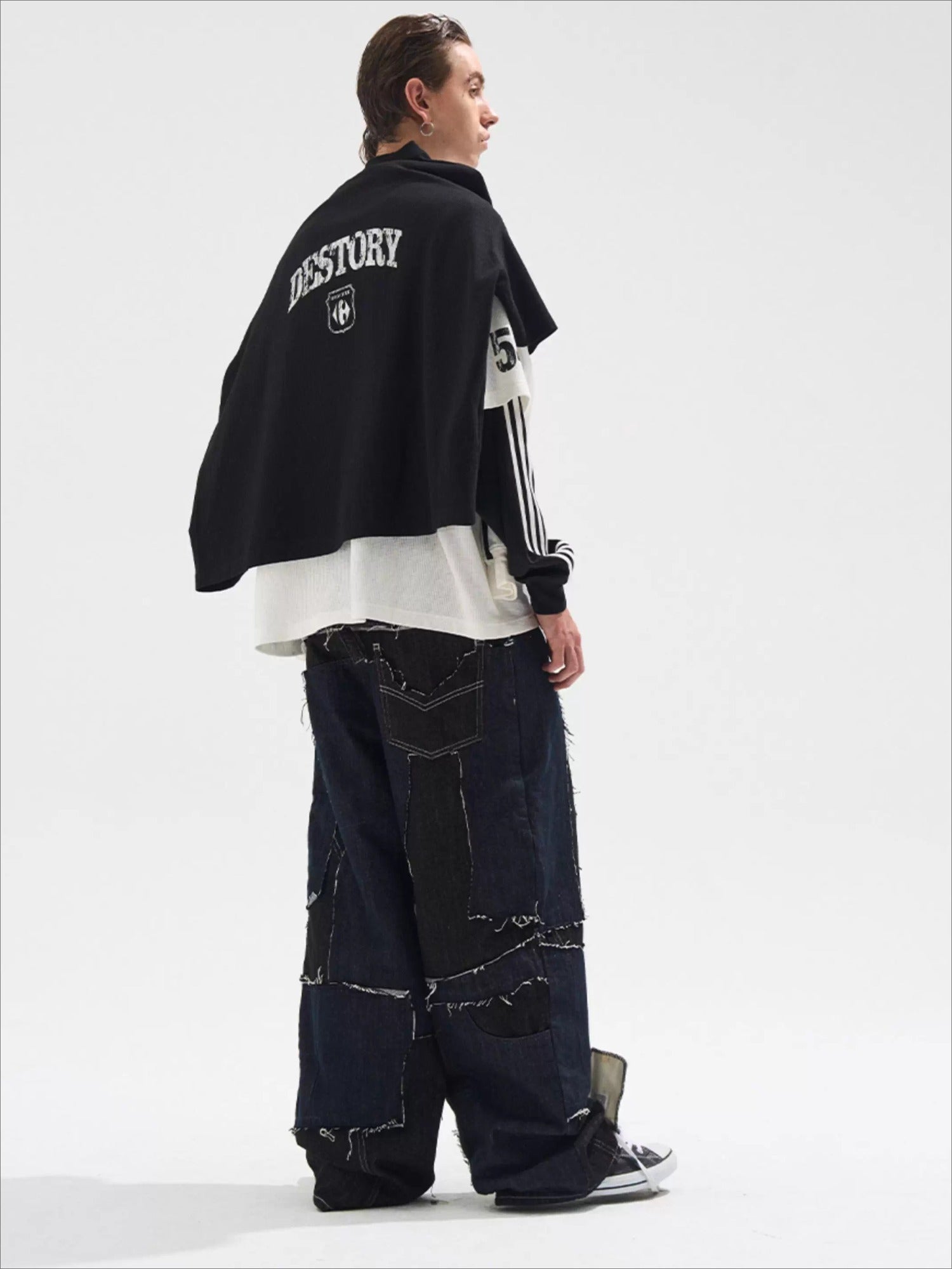 Faded Print Layered-Effect Patchwork Long Sleeve T-Shirt - CHINASQUAD