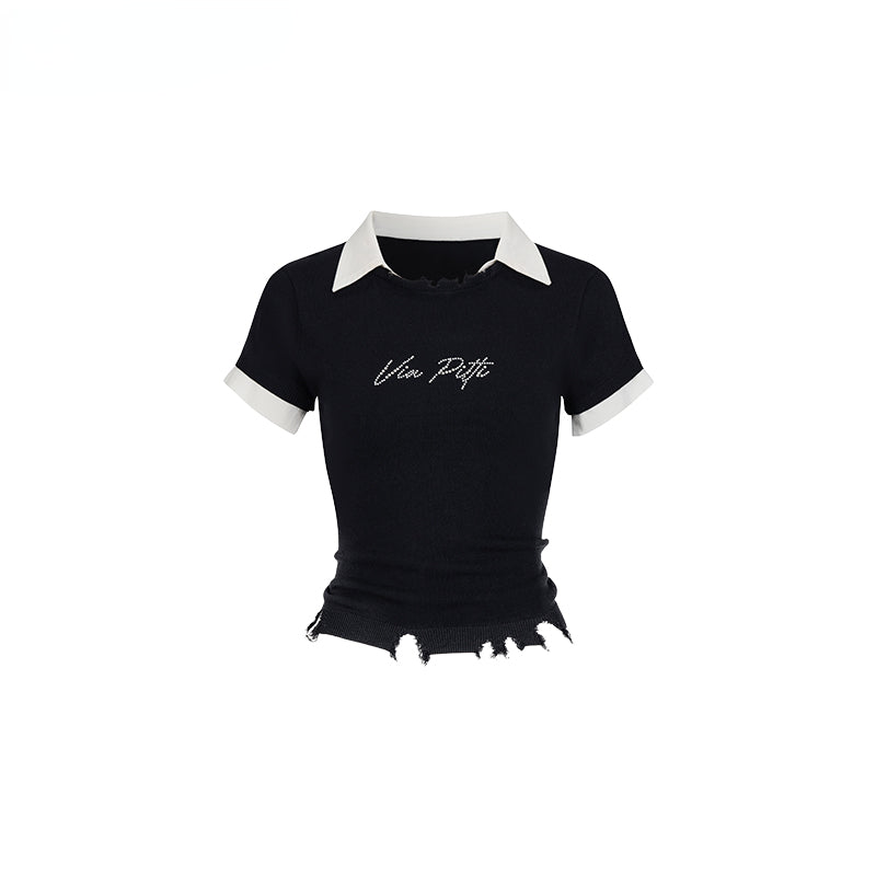 Deep Blue & Black Mock Two-piece Knit Sweater with Patchwork Short Sleeves - CHINASQUAD